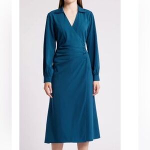 Nordstrom Mila Mae Button Overlap Long Sleeve Wrap Dress in Deep Teal Size Large